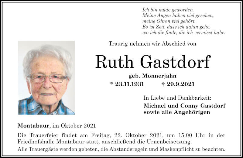 Traueranzeigen von Ruth Gastdorf | rz-trauer.de