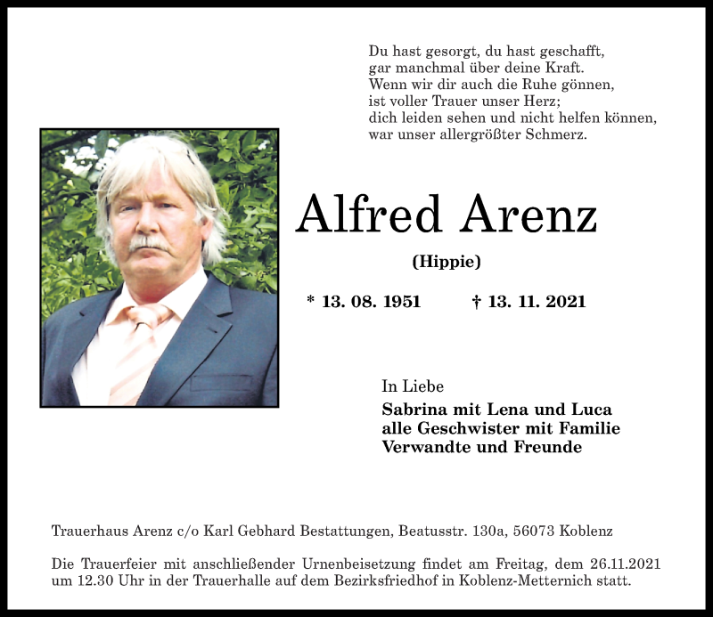  Traueranzeige für Alfred Arenz vom 20.11.2021 aus Rhein-Zeitung