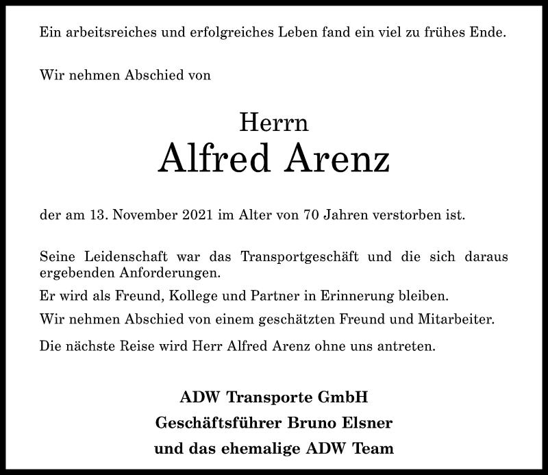  Traueranzeige für Alfred Arenz vom 25.11.2021 aus Rhein-Hunsrück-Zeitung