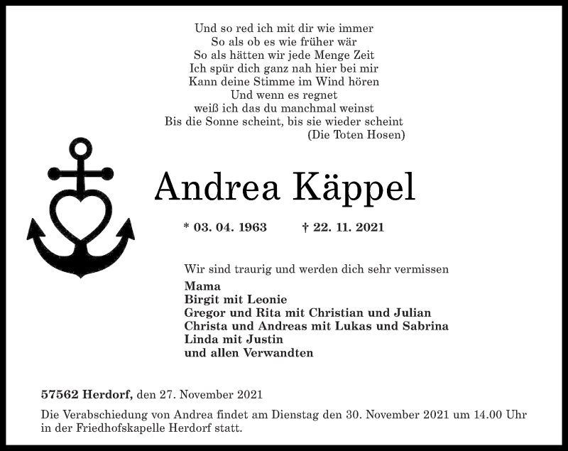  Traueranzeige für Andrea Käppel vom 27.11.2021 aus Rhein-Zeitung