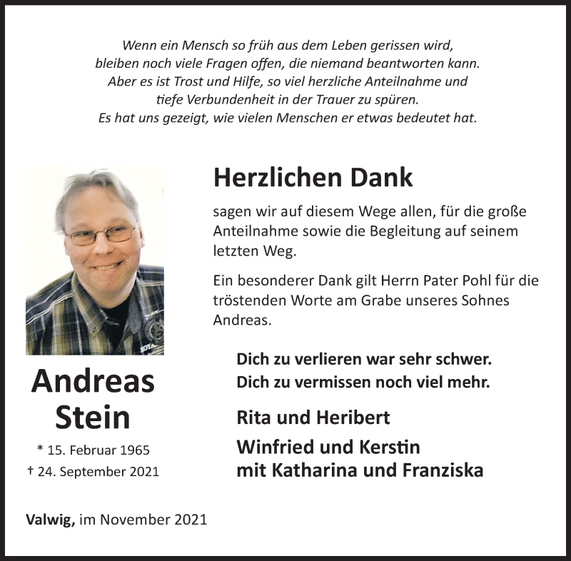 Wie Alt Ist Andreas Steinhöfel Traueranzeigen von Andreas Stein | rz-trauer.de
