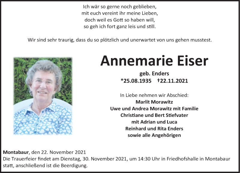  Traueranzeige für Annemarie Eiser vom 27.11.2021 aus Westerwälder Zeitung