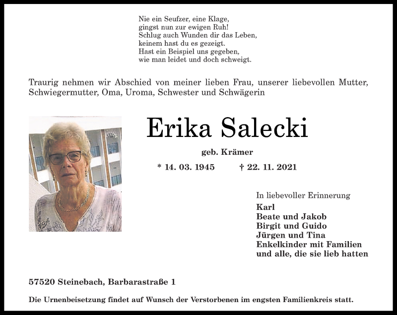  Traueranzeige für Erika Salecki vom 26.11.2021 aus Rhein-Zeitung