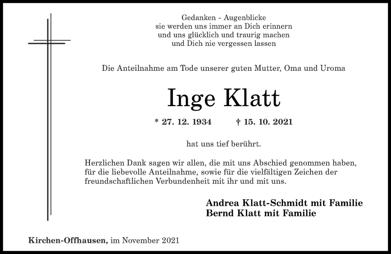  Traueranzeige für Inge Klatt vom 27.11.2021 aus Rhein-Zeitung