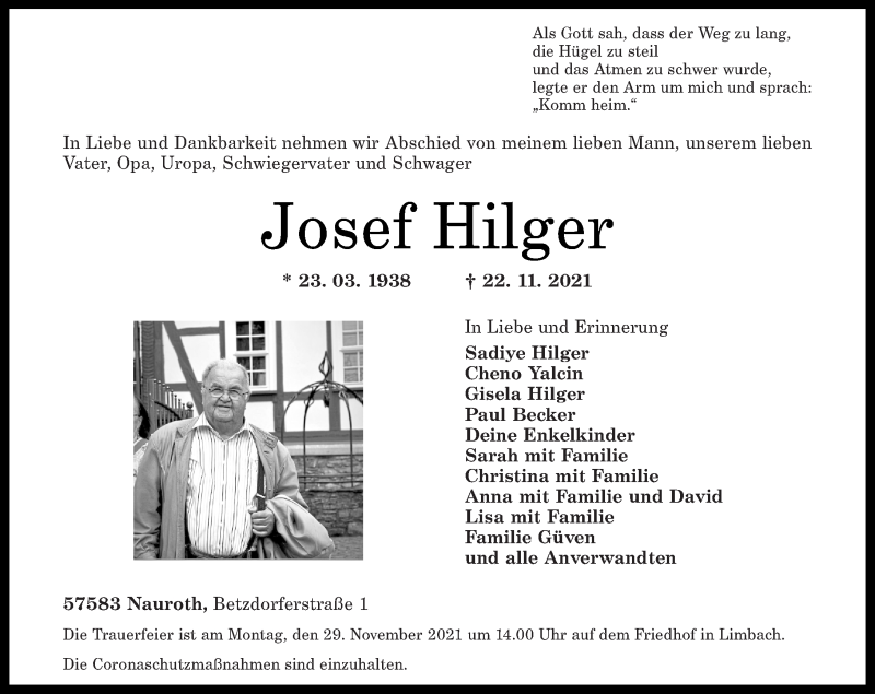  Traueranzeige für Josef Hilger vom 27.11.2021 aus Rhein-Zeitung