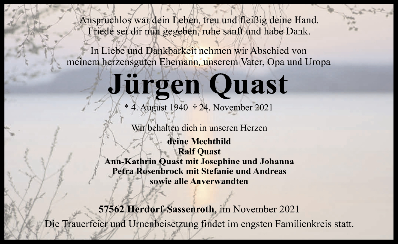  Traueranzeige für Jürgen Quast vom 27.11.2021 aus Rhein-Zeitung