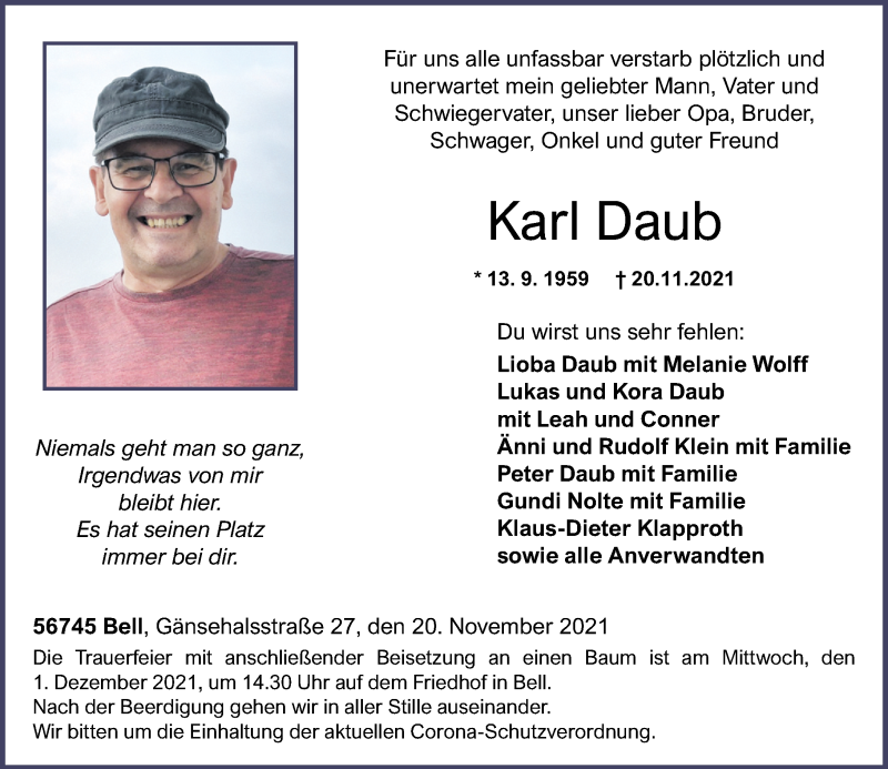  Traueranzeige für Karl Daub vom 27.11.2021 aus Rhein-Zeitung