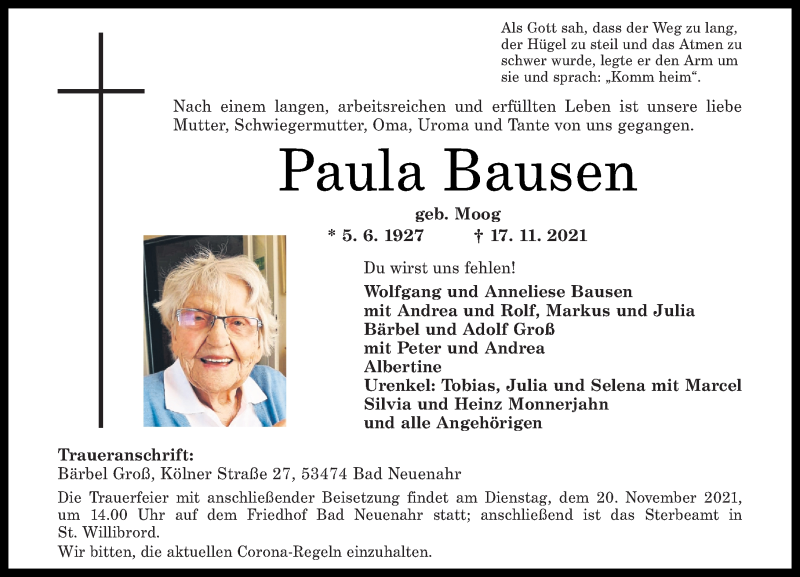  Traueranzeige für Paula Bausen vom 20.11.2021 aus Rhein-Zeitung