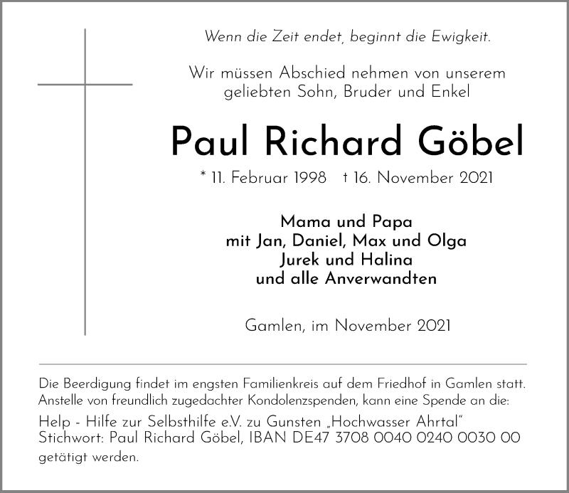  Traueranzeige für Paul Richard Göbel vom 20.11.2021 aus Rhein-Zeitung