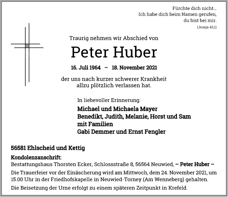  Traueranzeige für Peter Huber vom 23.11.2021 aus Rhein-Zeitung