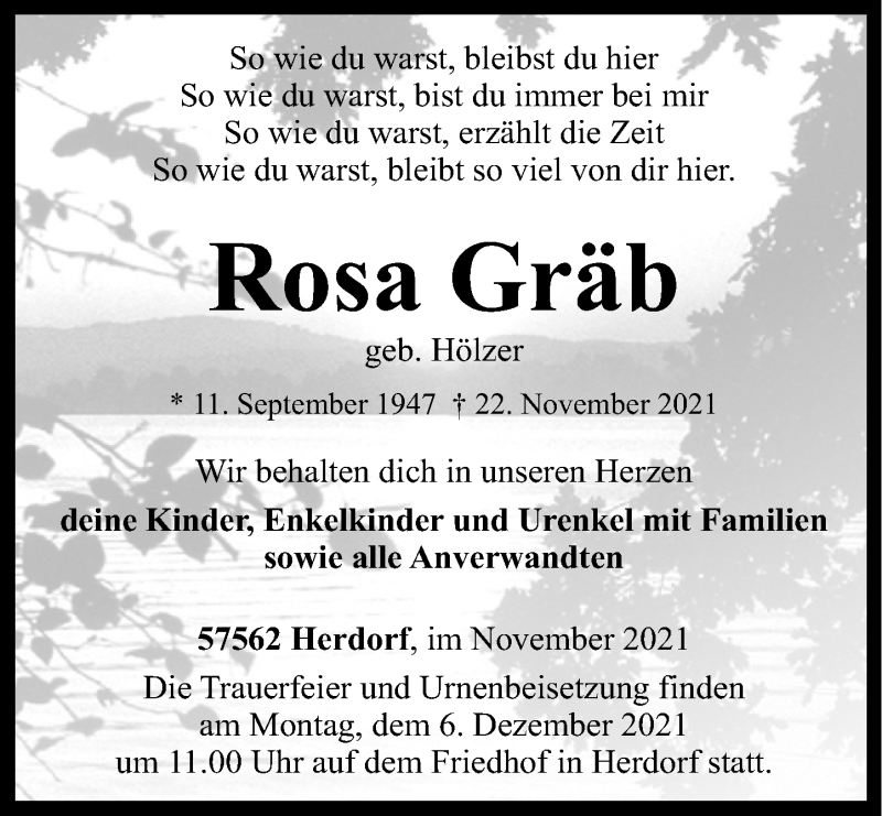  Traueranzeige für Rosa Gräb vom 27.11.2021 aus Rhein-Zeitung
