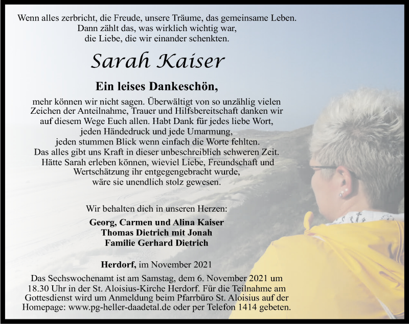  Traueranzeige für Sarah Kaiser vom 02.11.2021 aus Rhein-Zeitung