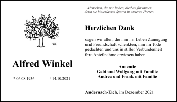 Traueranzeige von Alfred Winkel von Rhein-Zeitung