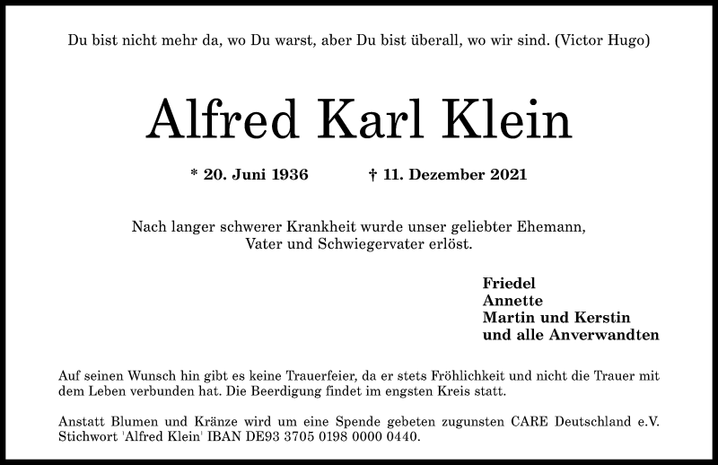  Traueranzeige für Alfred Karl Klein vom 18.12.2021 aus Rhein-Zeitung