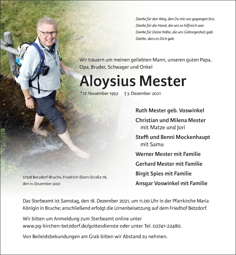  Traueranzeige für Aloysius Mester vom 11.12.2021 aus Rhein-Zeitung
