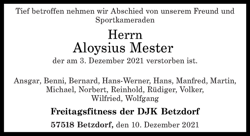  Traueranzeige für Aloysius Mester vom 14.12.2021 aus Rhein-Zeitung