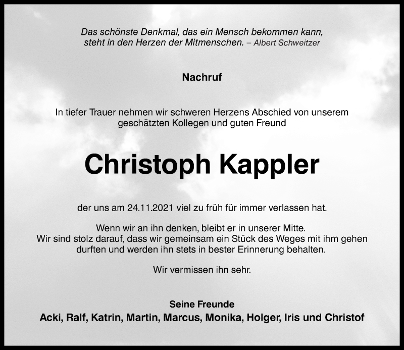 Traueranzeige für Christoph Kappler vom 06.12.2021 aus Oeffentlicher Anzeiger