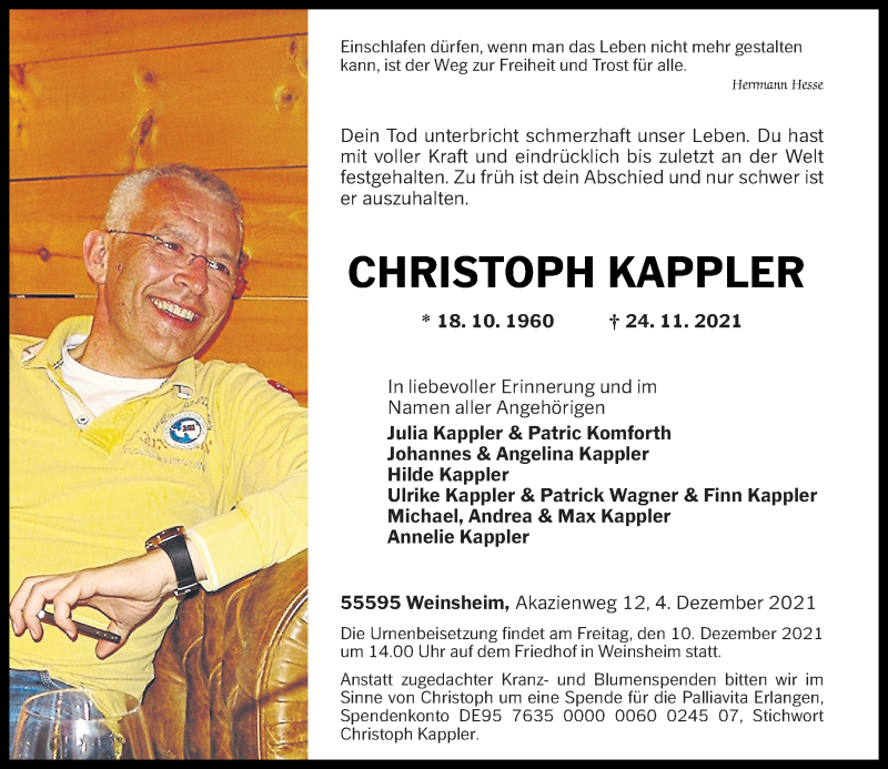  Traueranzeige für Christoph Kappler vom 04.12.2021 aus Oeffentlicher Anzeiger