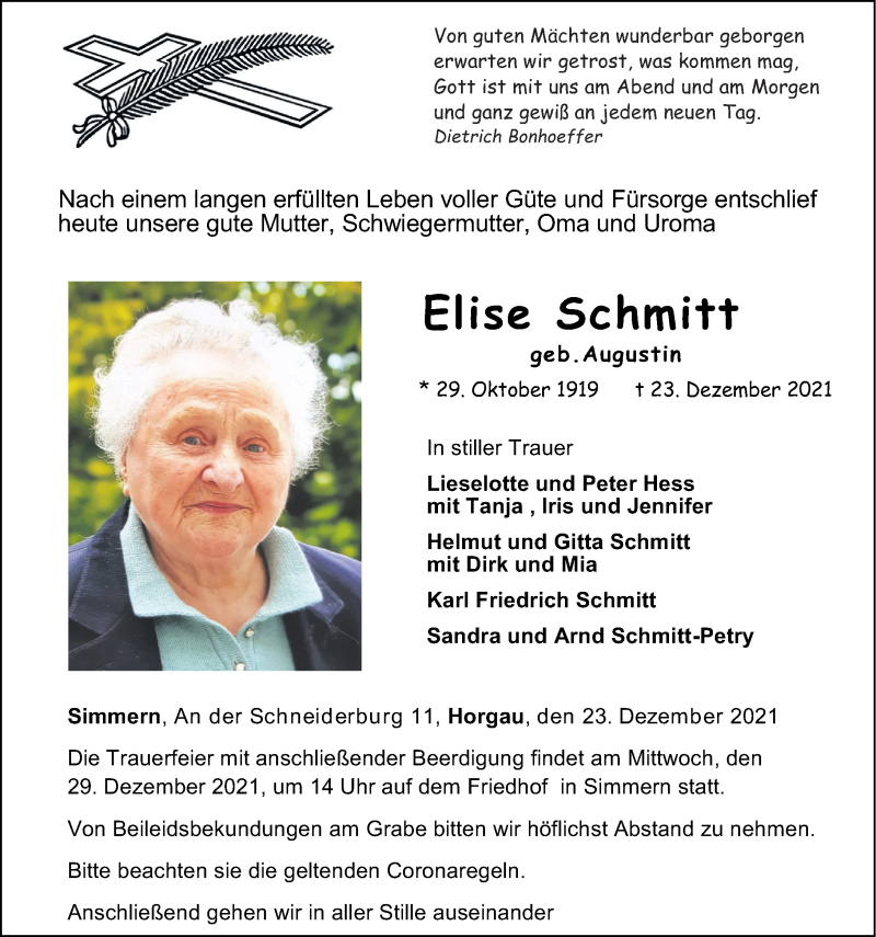  Traueranzeige für Elise Schmitt vom 27.12.2021 aus Rhein-Hunsrück-Zeitung