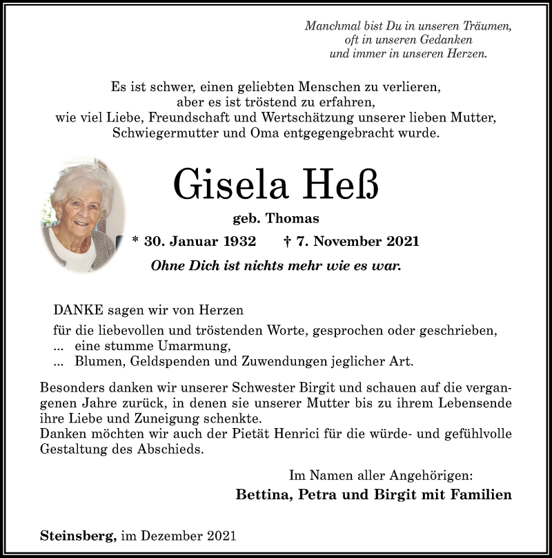 Traueranzeigen Von Gisela Heß Rz Trauer De