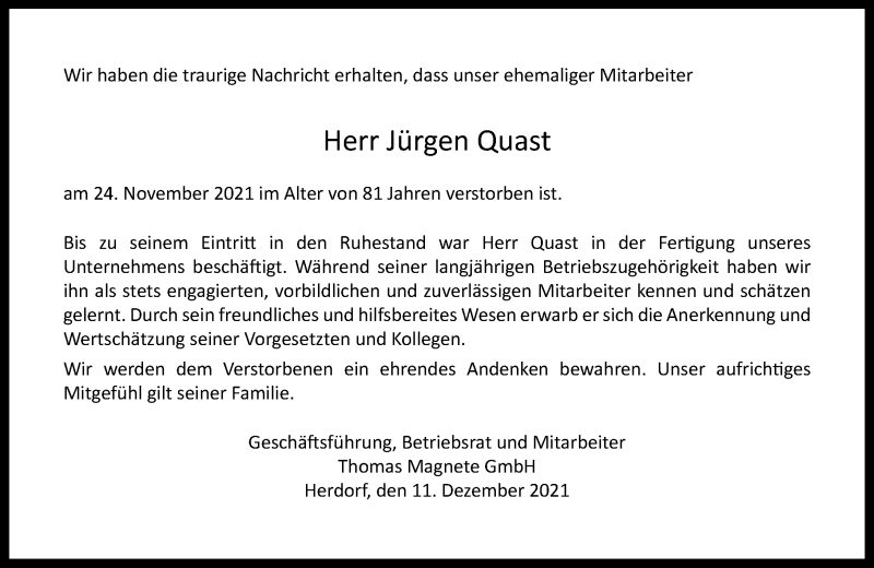  Traueranzeige für Jürgen Quast vom 11.12.2021 aus Rhein-Zeitung