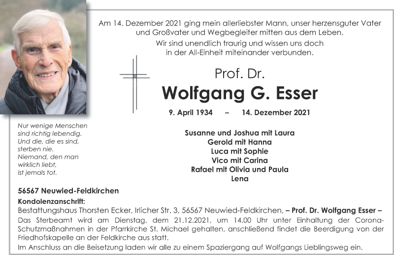  Traueranzeige für Wolfgang G. Esser vom 18.12.2021 aus Rhein-Zeitung