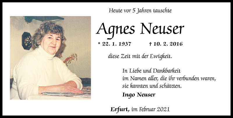  Traueranzeige für Agnes Neuser vom 10.02.2021 aus Rhein-Zeitung