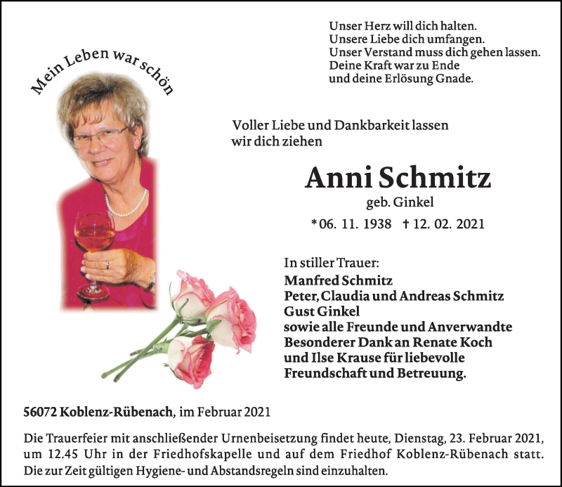  Traueranzeige für Anni Schmitz vom 23.02.2021 aus Rhein-Zeitung