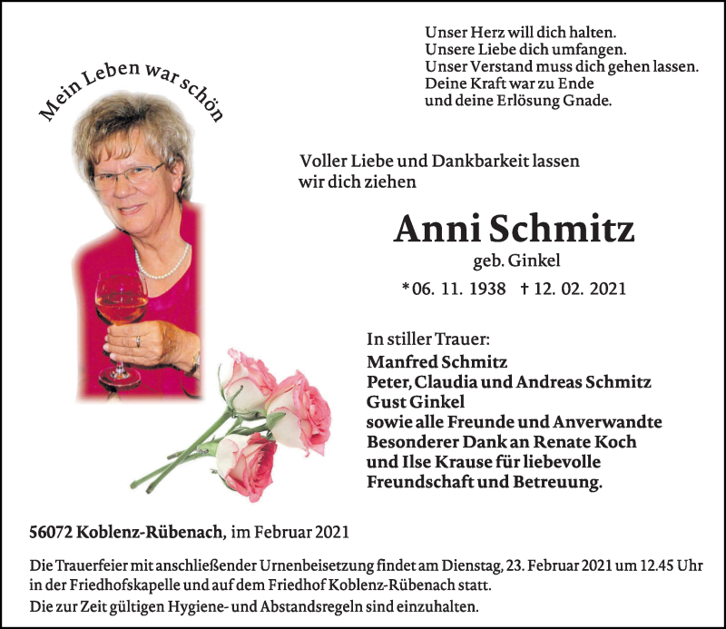  Traueranzeige für Anni Schmitz vom 20.02.2021 aus Rhein-Zeitung