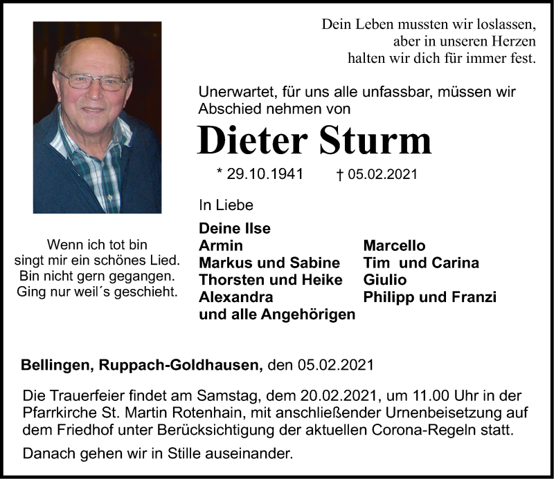 Traueranzeige für Dieter Sturm vom 17.02.2021 aus Westerwälder Zeitung