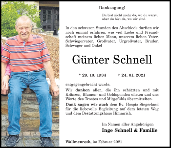 Traueranzeige von Günter Schnell von Rhein-Zeitung