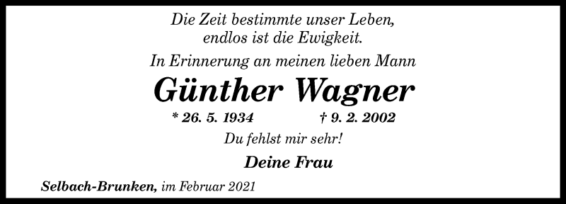  Traueranzeige für Günther Wagner vom 09.02.2021 aus Rhein-Zeitung