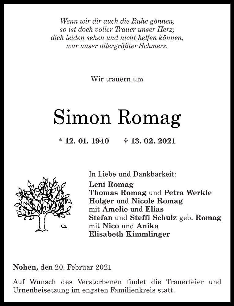  Traueranzeige für Simon Romag vom 20.02.2021 aus Nahe-Zeitung