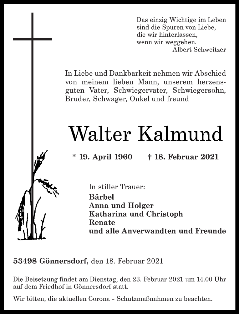  Traueranzeige für Walter Kalmund vom 20.02.2021 aus Rhein-Zeitung