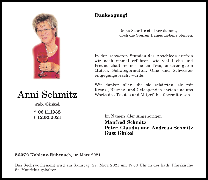  Traueranzeige für Anni Schmitz vom 06.03.2021 aus Rhein-Zeitung