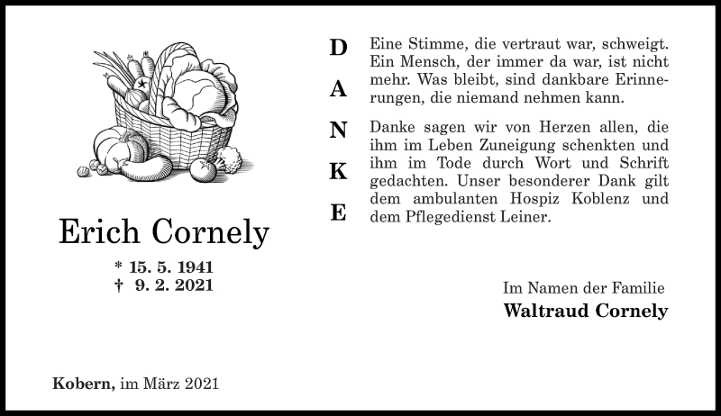 Traueranzeigen Von Erich Cornely Rz Trauer De