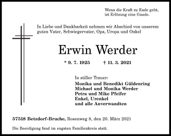 Traueranzeige von Erwin Werder von Rhein-Zeitung