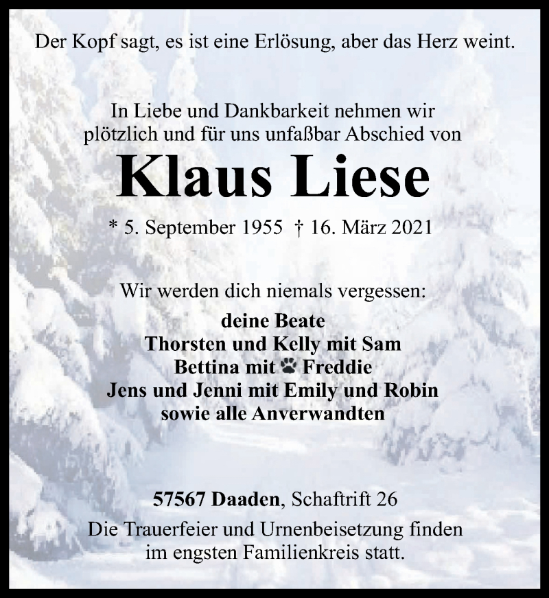  Traueranzeige für Klaus Liese vom 19.03.2021 aus Rhein-Zeitung
