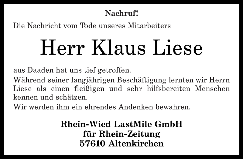  Traueranzeige für Klaus Liese vom 20.03.2021 aus Rhein-Zeitung