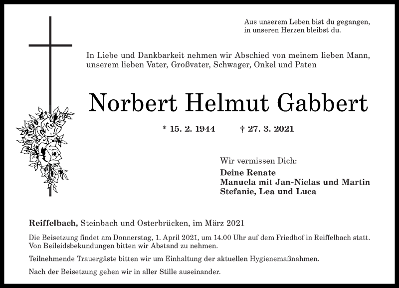 Traueranzeige für Norbert Helmut Gabbert vom 30.03.2021 aus Oeffentlicher Anzeiger