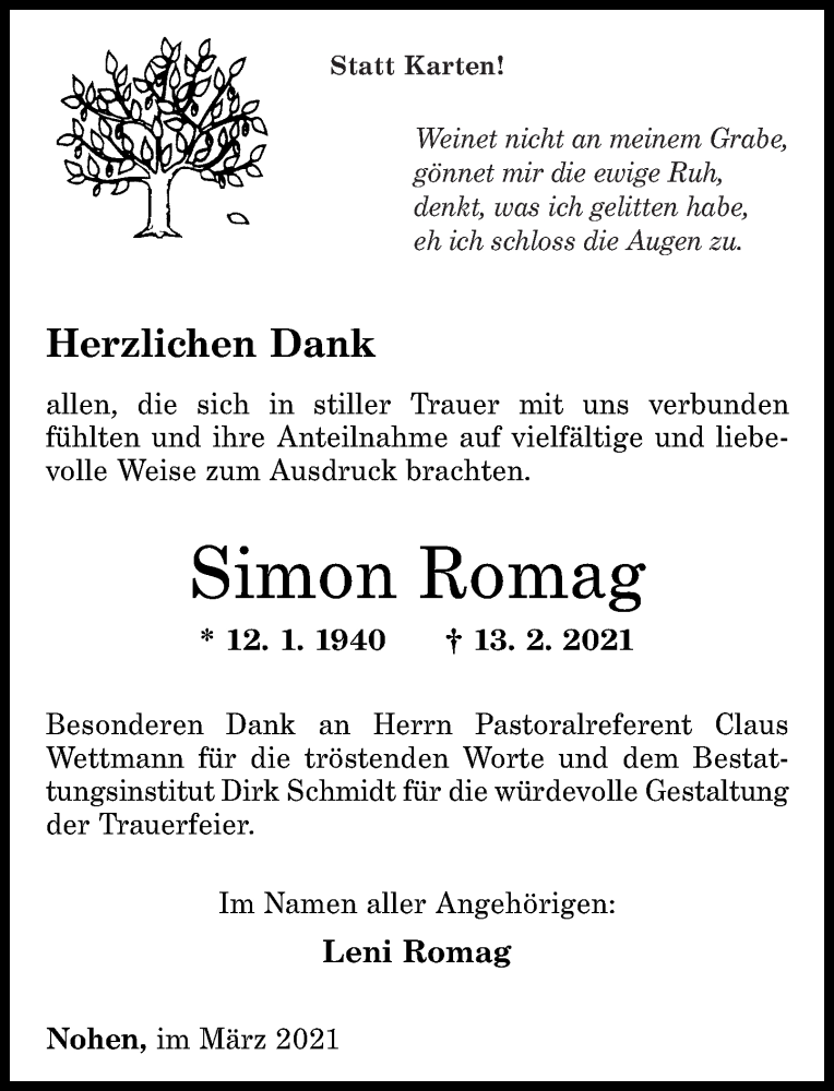  Traueranzeige für Simon Romag vom 20.03.2021 aus Nahe-Zeitung