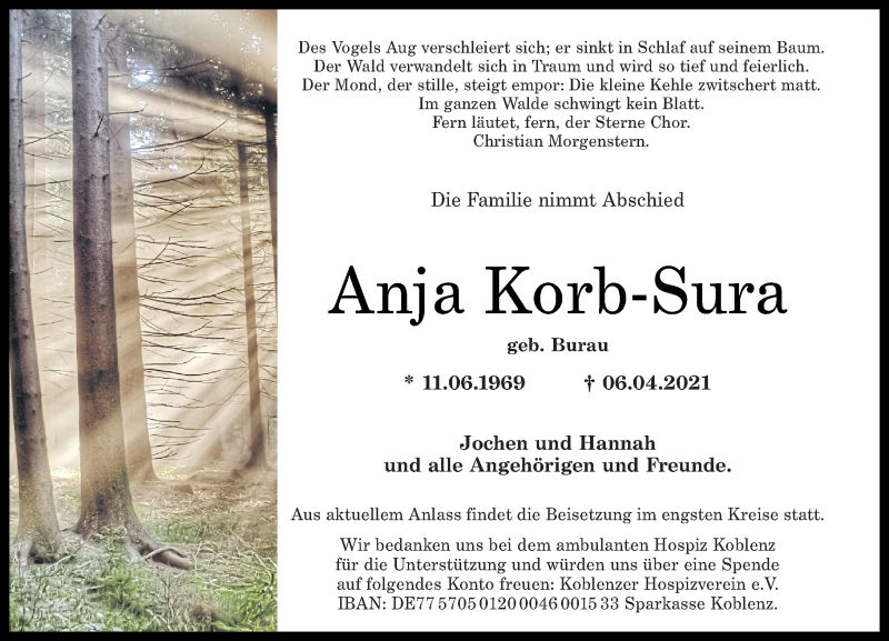  Traueranzeige für Anja Korb-Sura vom 17.04.2021 aus Rhein-Lahn-Zeitung