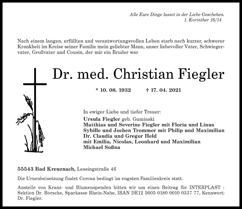  Traueranzeige für Christian Fiegler vom 24.04.2021 aus Oeffentlicher Anzeiger