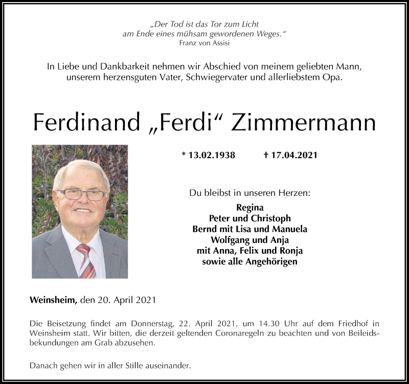 Traueranzeige für Ferdinand Zimmermann vom 20.04.2021 aus Oeffentlicher Anzeiger