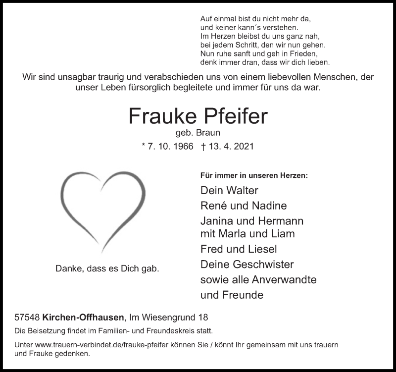  Traueranzeige für Frauke Pfeifer vom 16.04.2021 aus Rhein-Zeitung