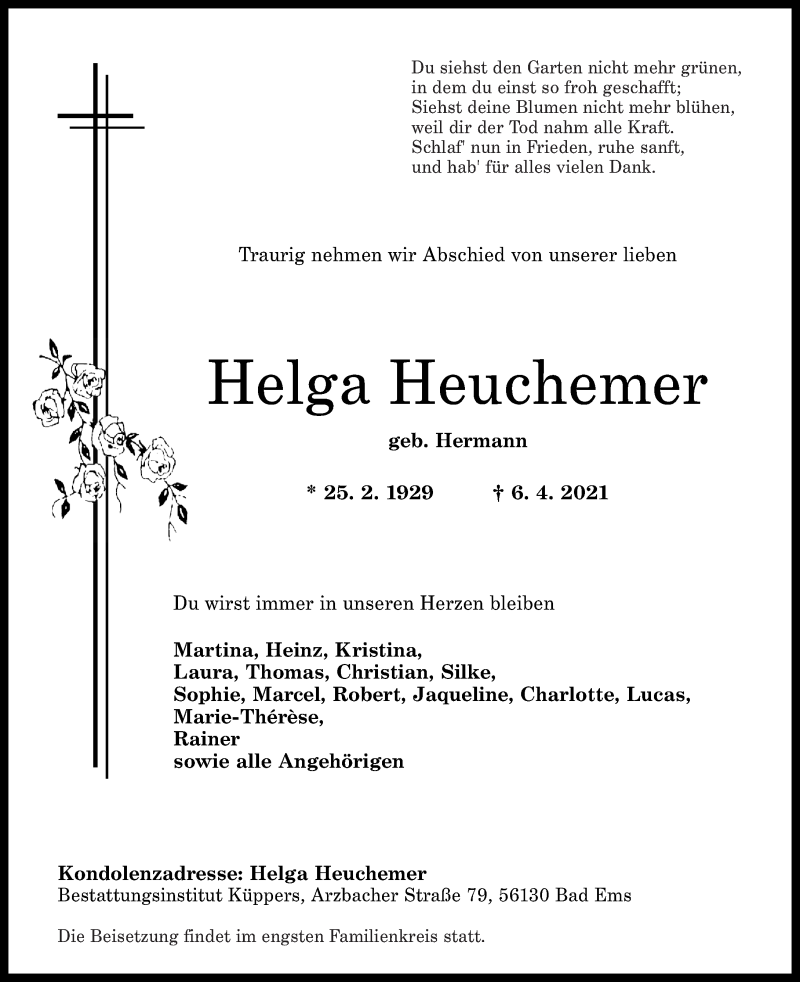  Traueranzeige für Helga Heuchemer vom 10.04.2021 aus Rhein-Zeitung
