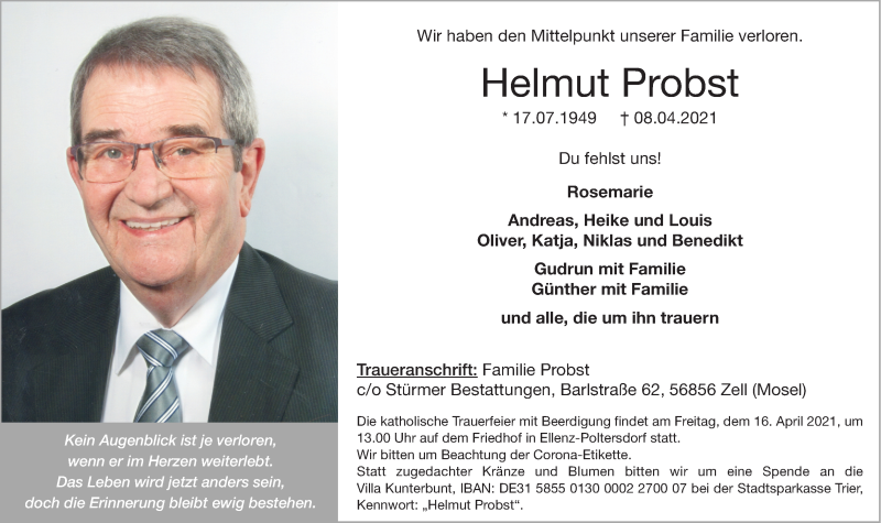  Traueranzeige für Helmut Probst vom 12.04.2021 aus Rhein-Zeitung