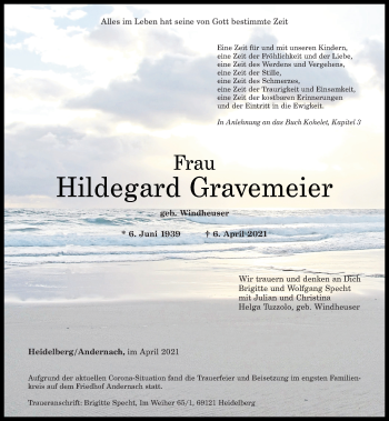 Traueranzeige von Hildegard Gravemeier von Rhein-Zeitung