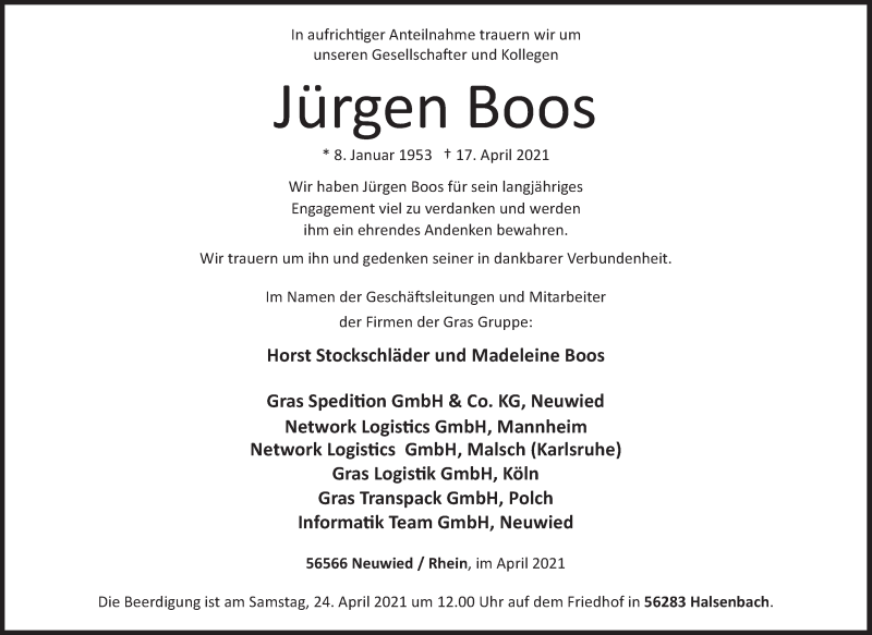  Traueranzeige für Jürgen Boos vom 20.04.2021 aus Rhein-Zeitung
