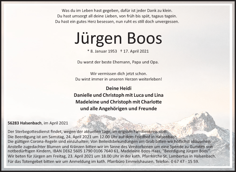  Traueranzeige für Jürgen Boos vom 20.04.2021 aus Rhein-Zeitung